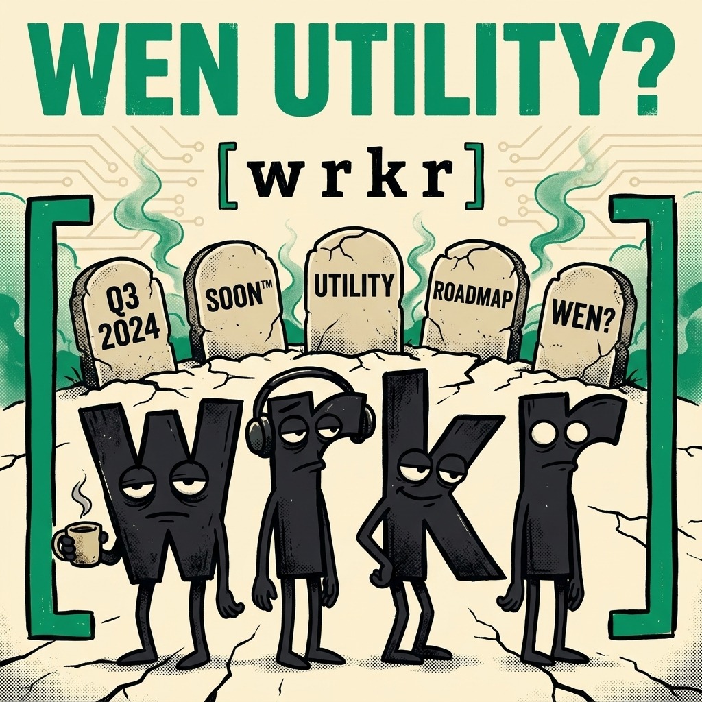 Graveyard of empty crypto promises: tombstones reading Q3 2024, SOON, UTILITY, ROADMAP, WEN?