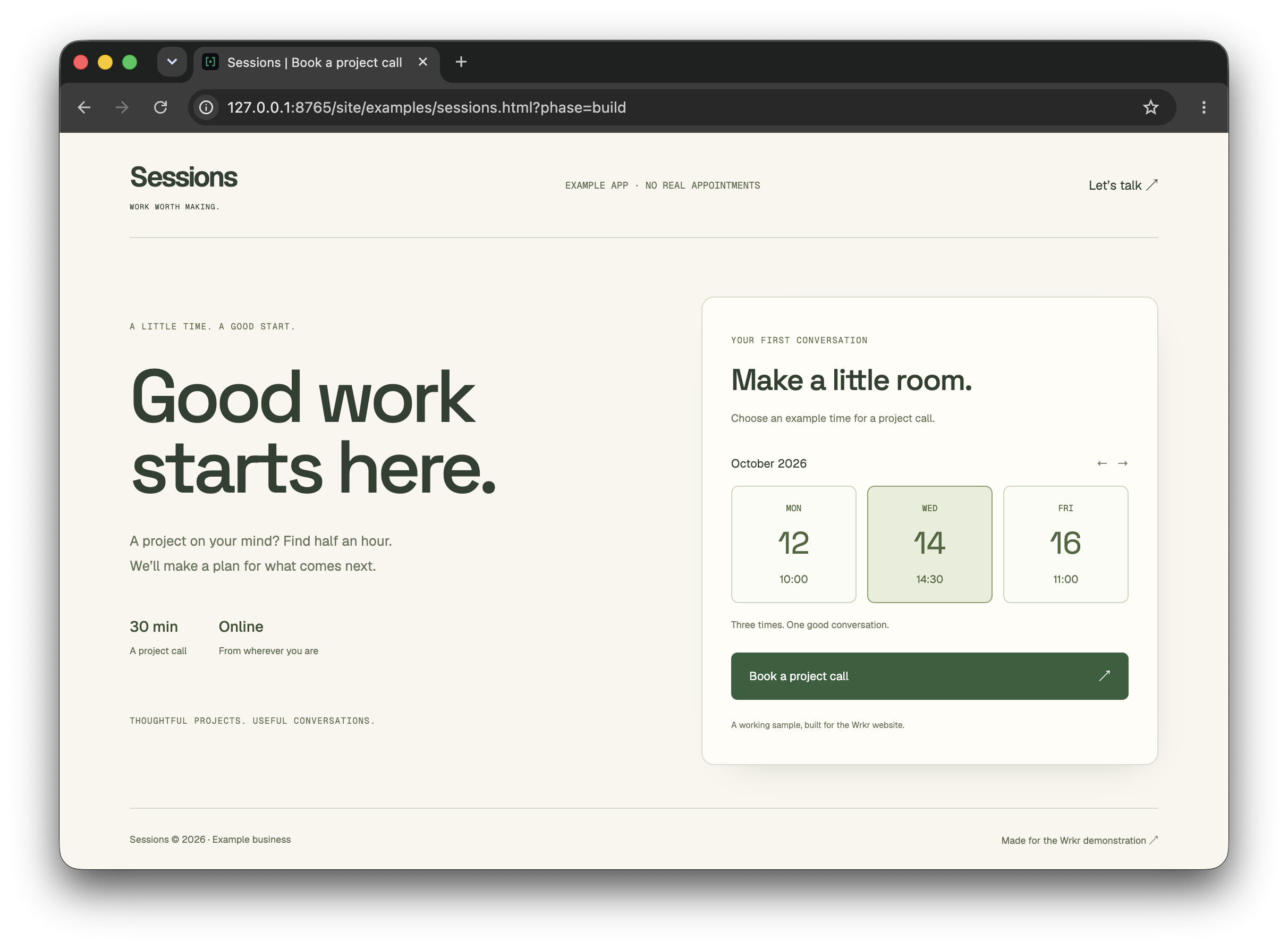 Actual Chrome window showing the Sessions booking app, with tabs, address bar and available project-call times