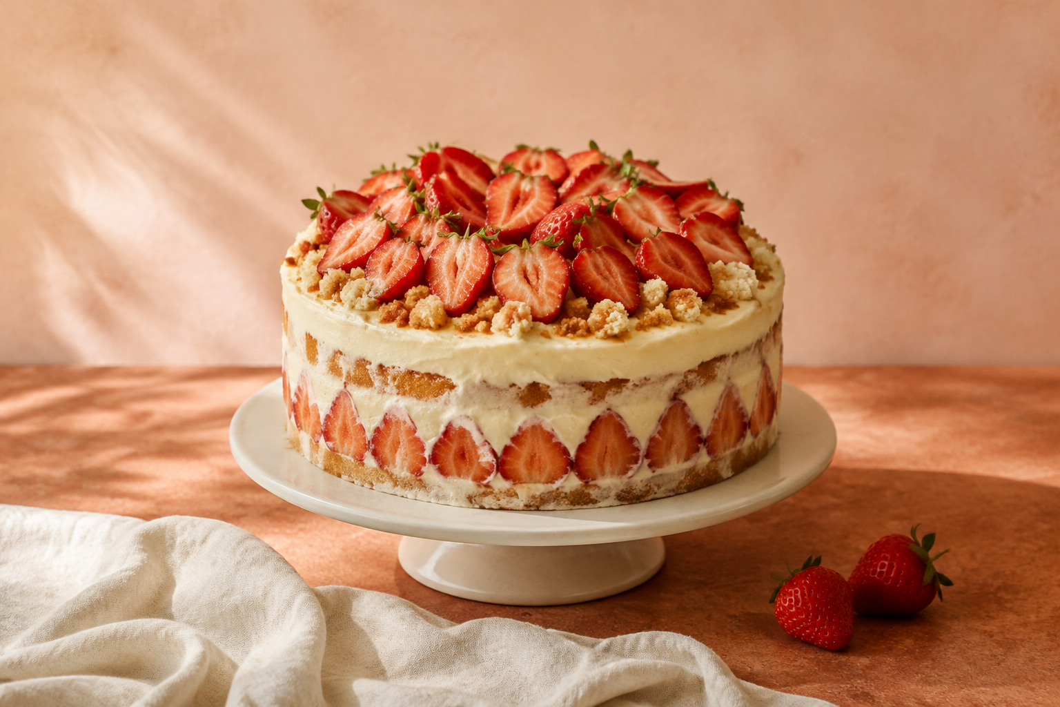 Handmade strawberry cake with fresh berries and vanilla cream
