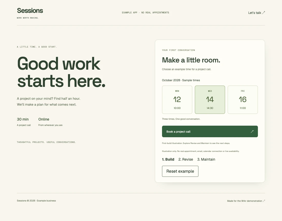 Sessions booking illustration showing available example project-call times